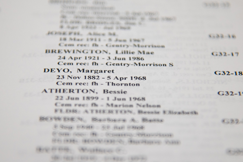 Imperial Polk Genealogical Society cemetery record showing Margaret Deyo listing