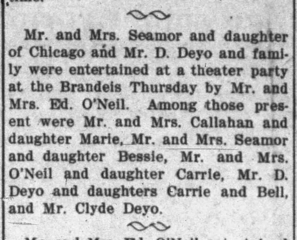 newspaper clipping from Florence Tribune, social section showing Clyde Deyo with family at theater at Brandeis