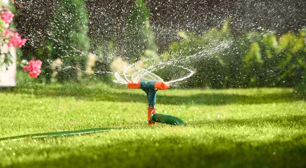 green and orange sprinkler head spinning and spraying water on a green lawn