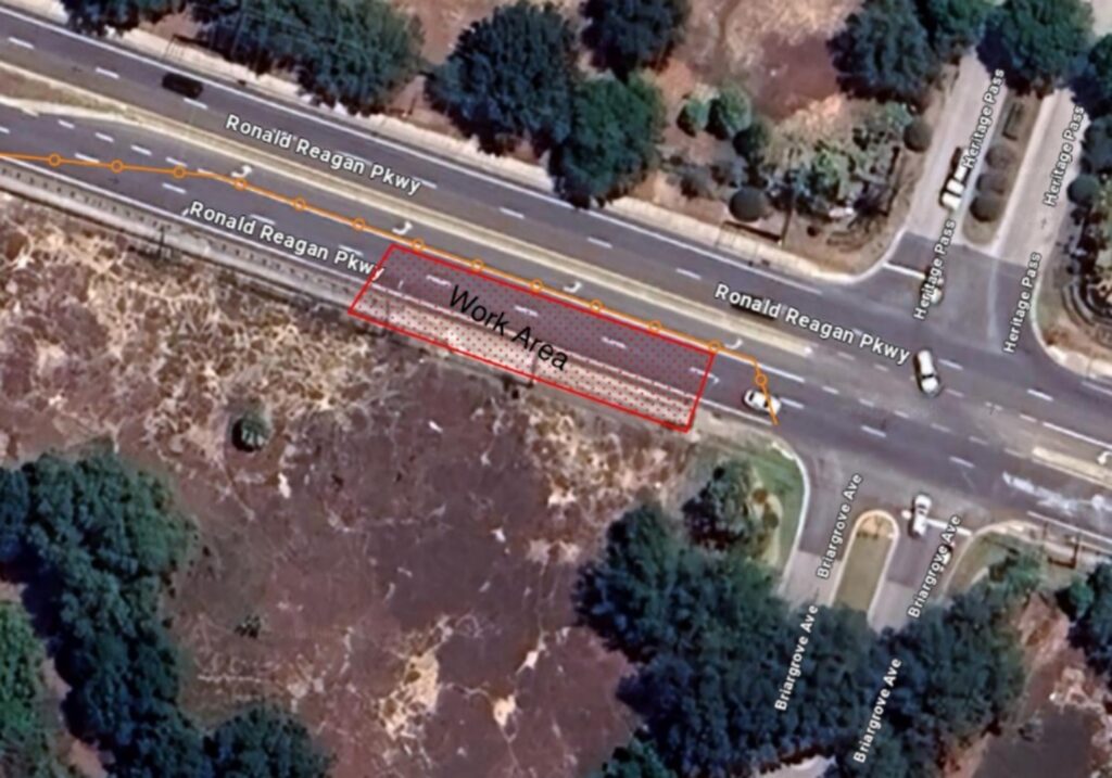 map of intersection of Ronald Reagan Parkway/County Road 54 and Briargrove Avenue with lane consolidation