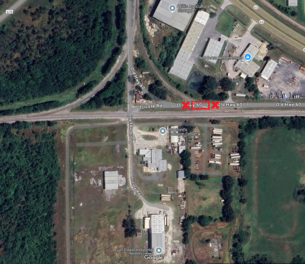 Satellite image of Old Highway 60 rail crossing closure map provided by CSX