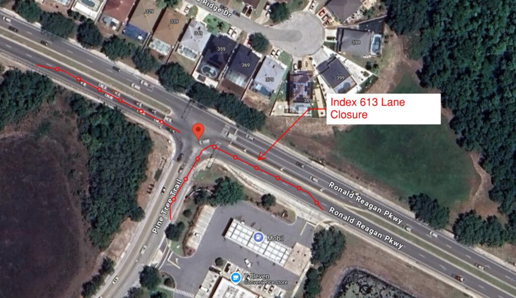 map showing portion of Ronald Reagan parkway consolidated to one lane