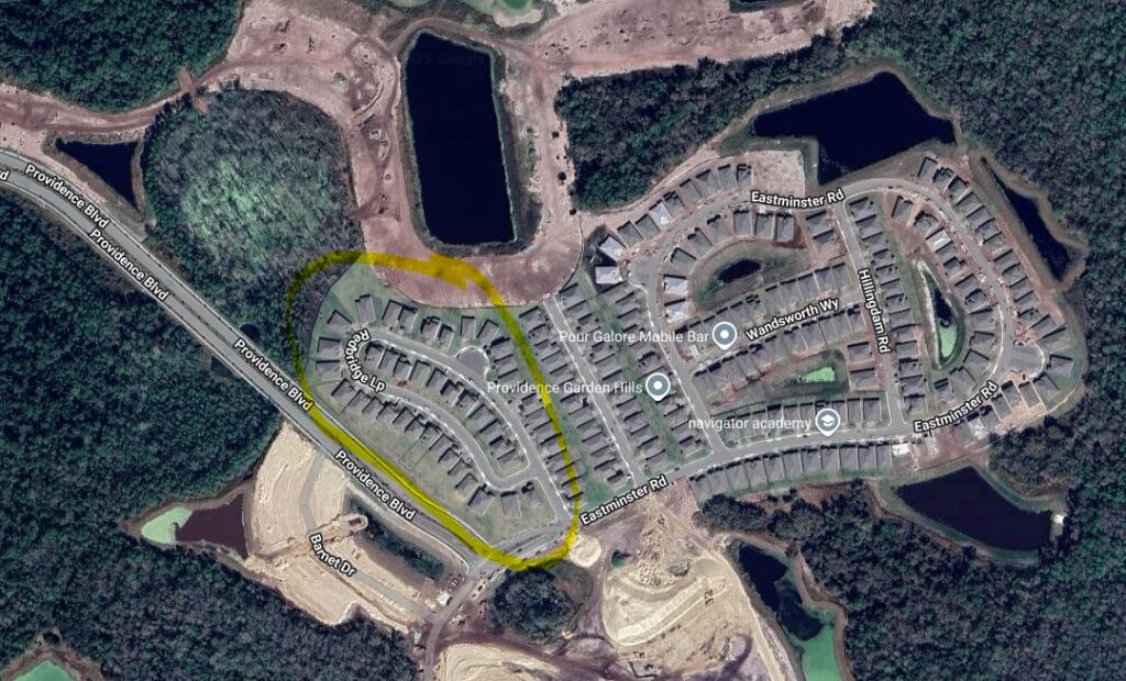 map with yellow marking around Redbridge Loop in the Providence subdivision in Davenport indicating area impacted by precautionary boil water notice