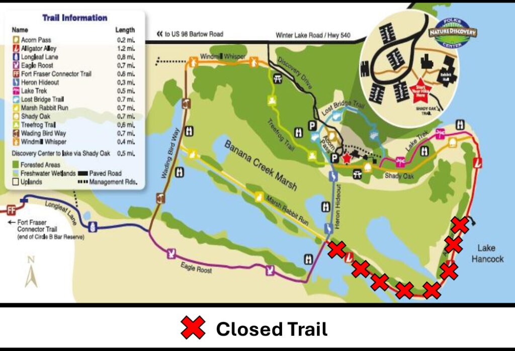 Map showing trail closure in a park with highlighted notice about Alligator Alley Trail closure.