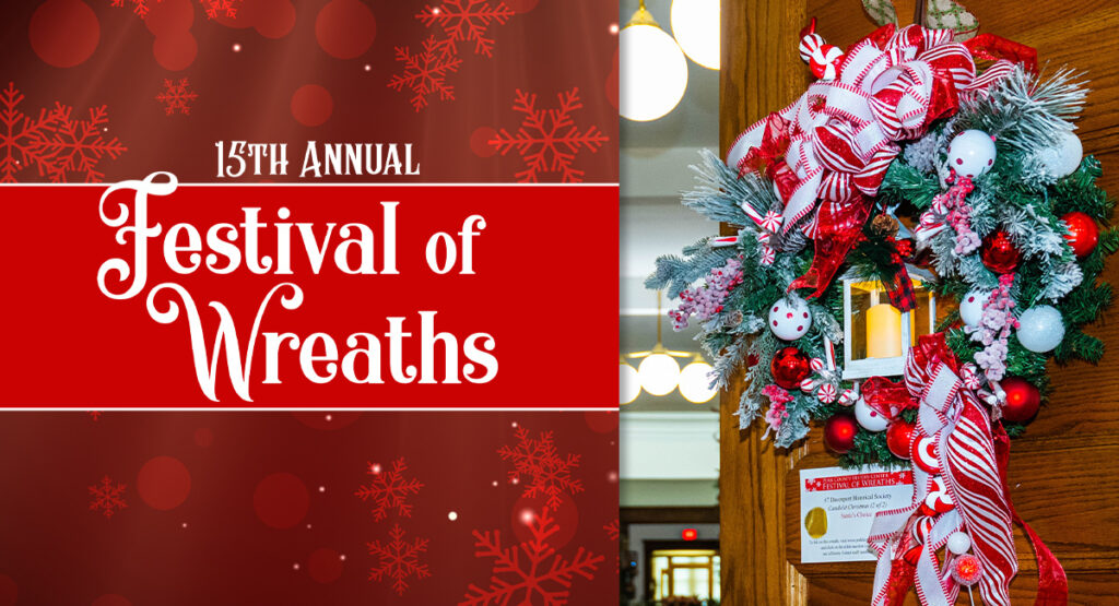text: 15th Annual Festival of Wreaths; red background with snowflakes; wreath decorated with red and white