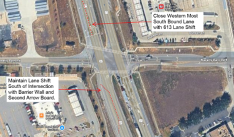 map indicating portion of lane closure on southbound U.S. Highway 27 slightly north of Waverly Barn Road and end at the exit of Love's Truck Care
