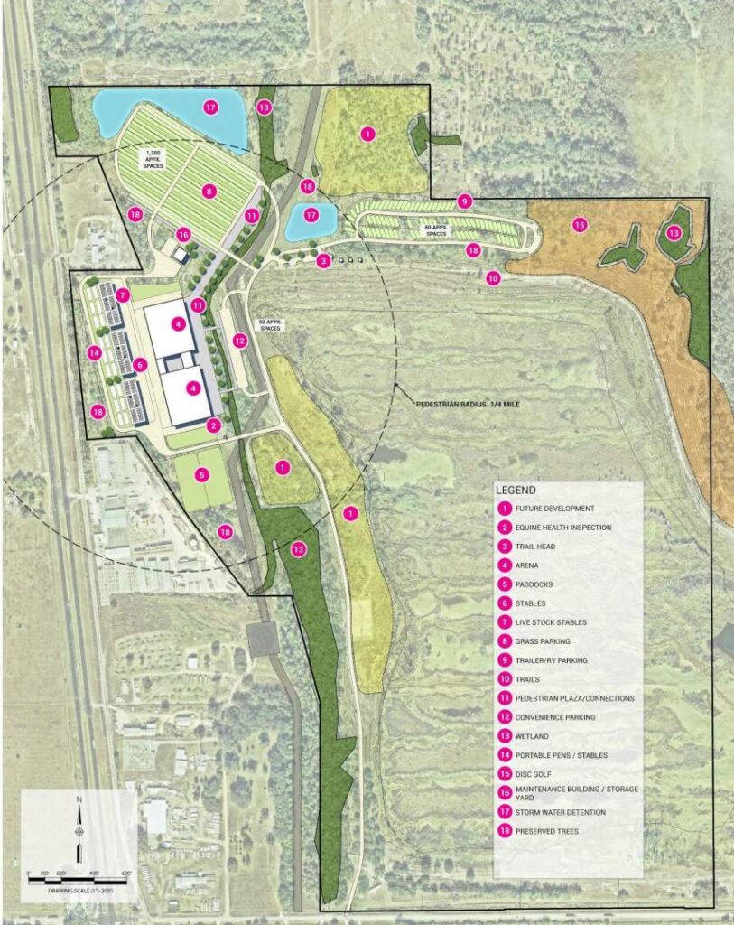 Representación conceptual que muestra el plano general del futuro Centro Agrícola del Condado de Polk.
