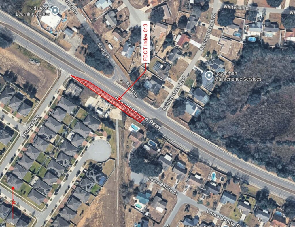 Map of Ronald Reagan Parkway showing a lane shift after Affirmed Way, with nearby residential neighborhoods and labeled streets.

Transcribed Text:

FDOT Index 613