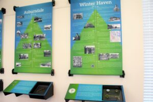 Timeline exhibit at the Polk History Center featuring illustrated panels highlighting the histories of Auburndale and Winter Haven. Historic photographs, milestone dates, and interpretive text trace the development of each city, with display cases below showcasing related artifacts and community information.