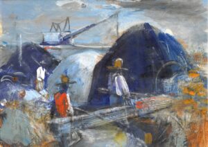 Ed Fortner's Memories of Bone Valley exhibit at the Polk History Center featuring an abstract painting of the Bone Valley phosphate mining region. The artwork depicts large mounds of earth, mining equipment, and three figures near a small boat, using expressive blue, gray, white, and orange brushstrokes to reflect Polk County's industrial landscape and history.
