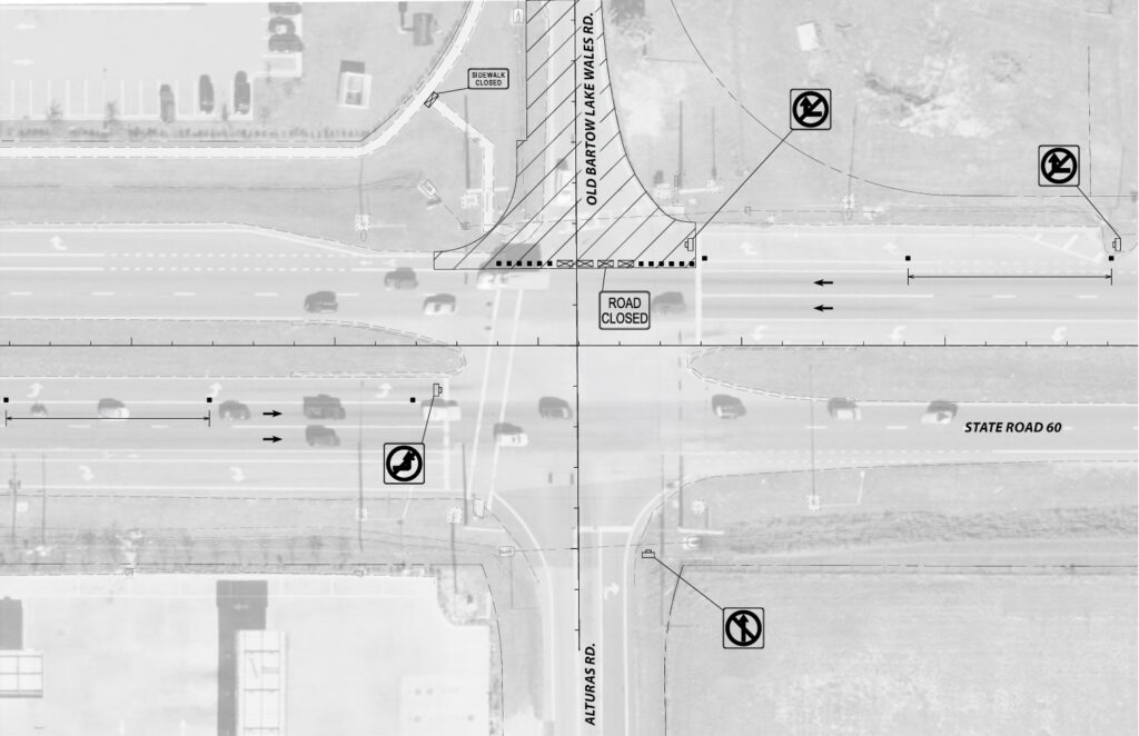 Plan de control de tráfico para el cruce entre la carretera estatal 60, Old Bartow Lake Wales Road y Alturas Road. El diagrama muestra el cierre de Old Bartow Lake Wales Road a la altura de la carretera estatal 60, junto con barreras, restricciones de giro y flechas de dirección del tráfico.