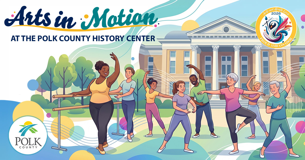 Illustration of a diverse group of people being active in ballet, chair yoga and jazzercise exercises, in front of the Polk County History Center.